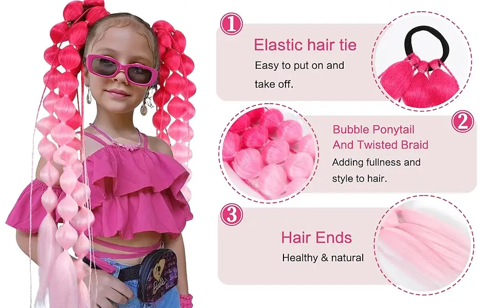 2 Stück Bunte Synthetische Bubble-Pferdeschwanz-Extensions, 20 Zoll Leichte Geflochtene Haarverlängerungen, Festival-Rave-Accessoires – Detail 2