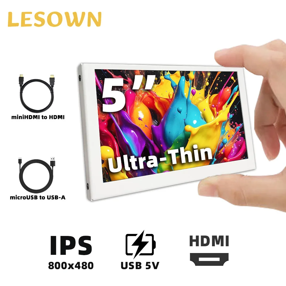 LESOWN 5 inch White Monitor HDMI IPS 800x480 LCD mini Screen Portable Sub Display Metal Shell for Raspberry Pi Windows PC Camera