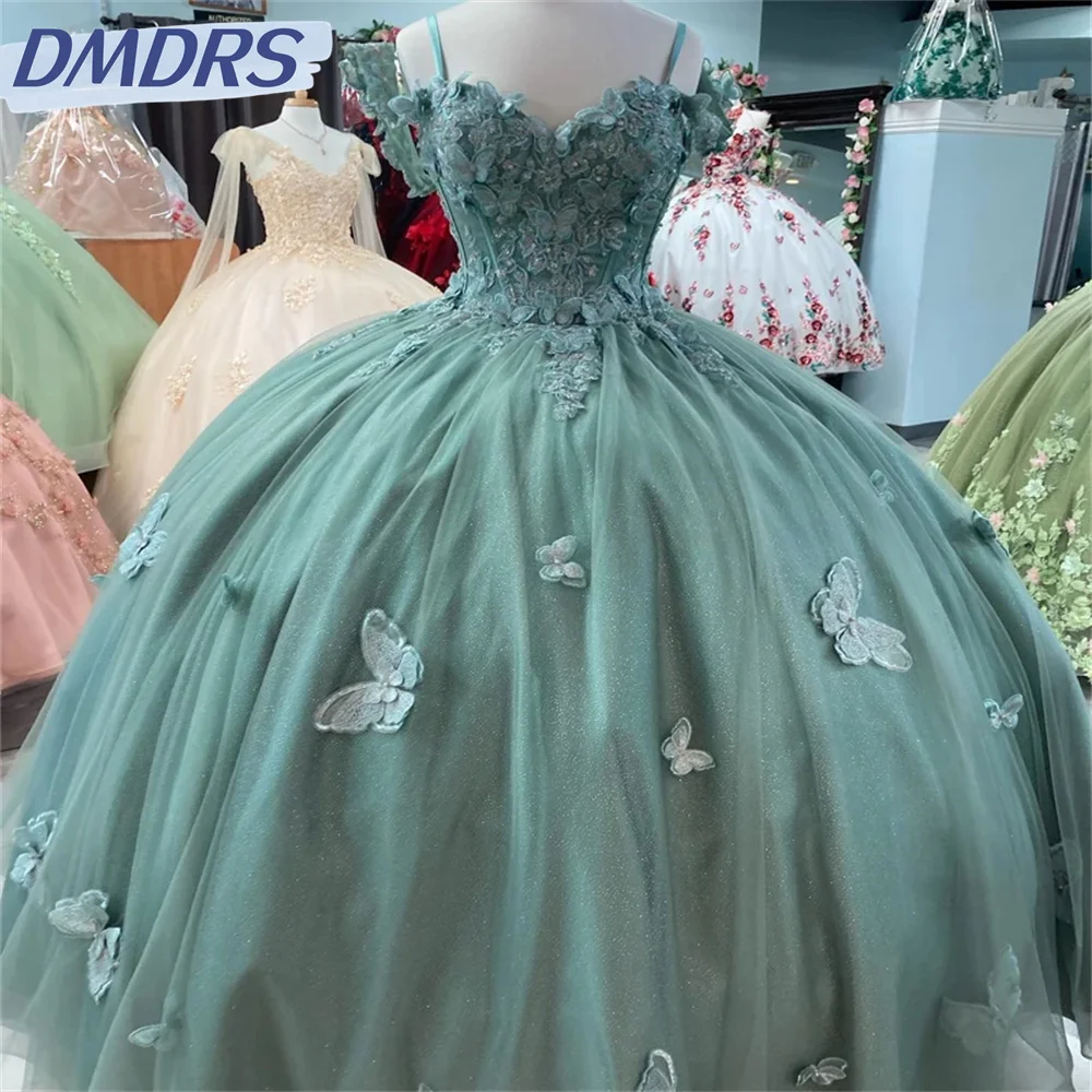 Vestidos Quinceanera de manga curta com alças de espaguete brilhante vestido de baile clássico 3D, doce vestido de 16 anos, sexy, elegante, 2024