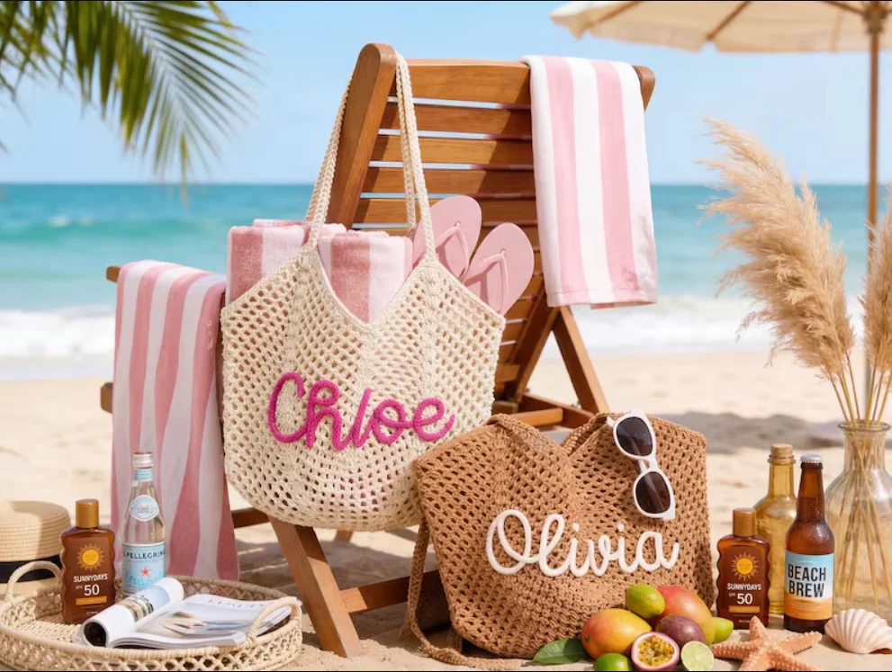 Handmade Crochet Beach Tote with Custom Name Embroidery Summer Pool Vacation Bag for Bridesmaid Gift Personalized Beach Essentia
