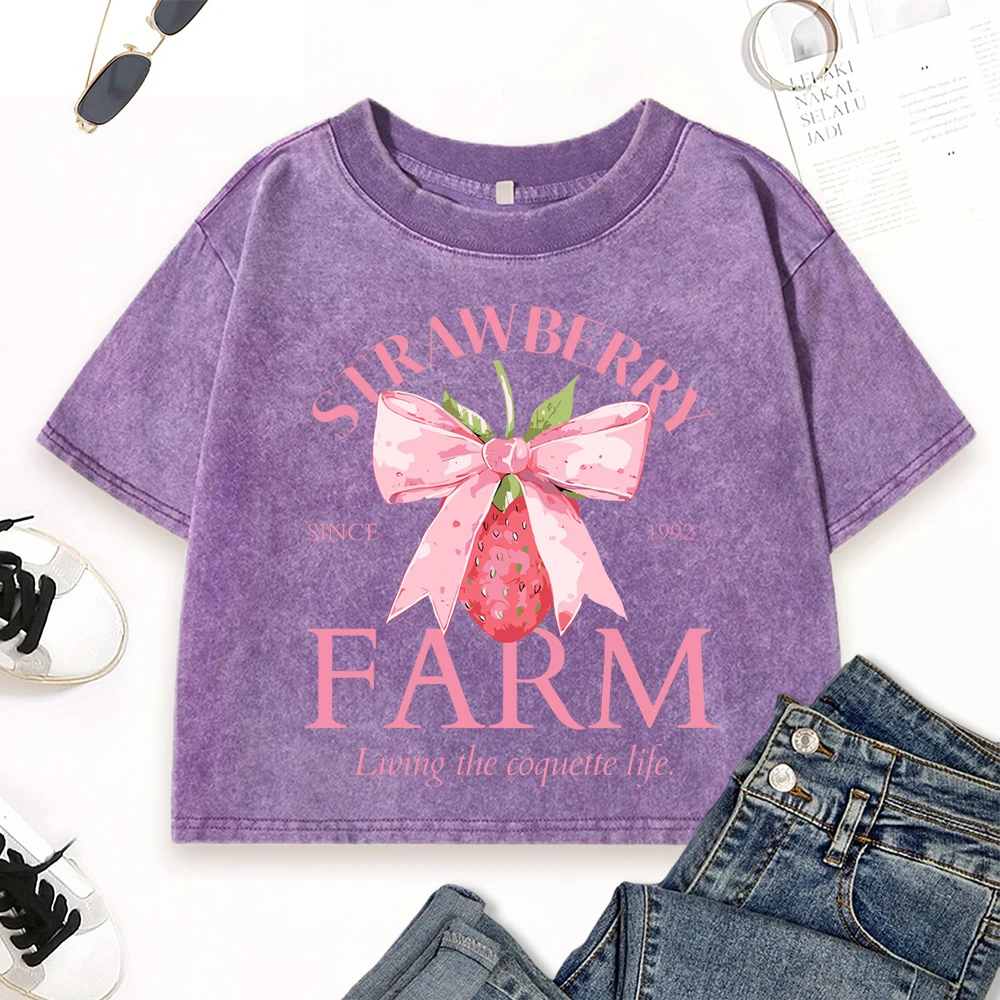 

Strawberry Farm Pink Bow Since 1992 Print Womens Washed T Shirts Cotton Casual T-Shirt Summer Slim Clothing Fitness Crop Top