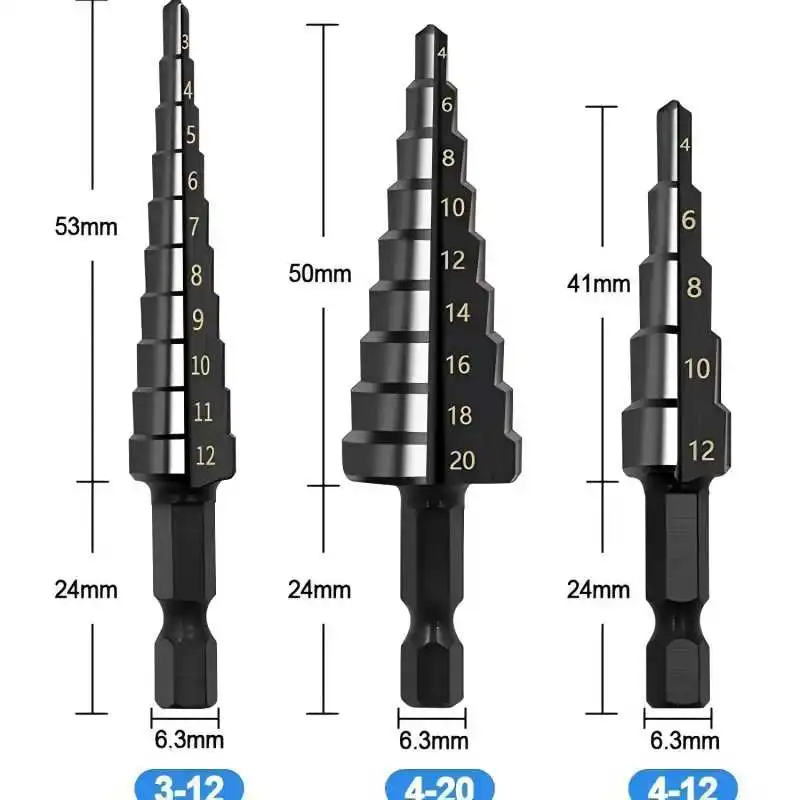 3Pcs HSS Straight Groove Step Drill Bit 3-12mm 4-12mm 4-20mm Nitride Black Hexagonal Handle Wood Metal Core Drilling Tools Set