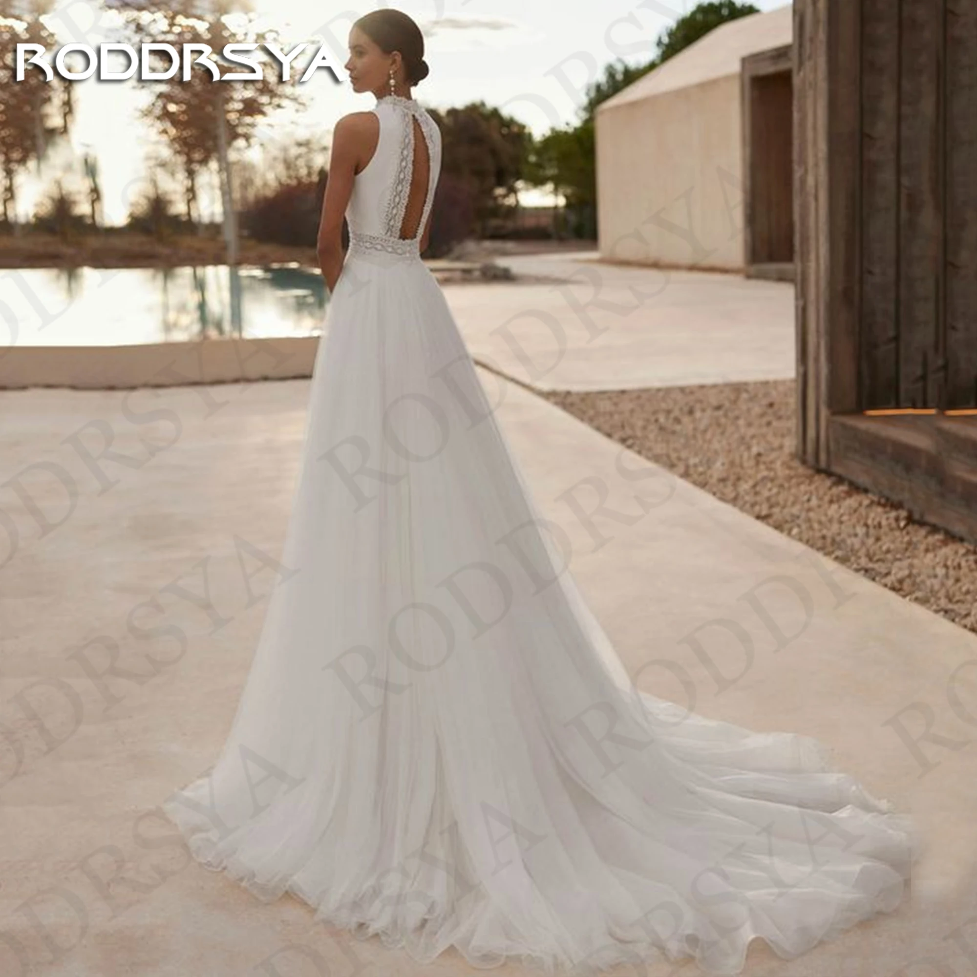 RODDRSYA Customized A Line Wedding Dress Bohemian Backless Tulle Lace O-Neck Bridal Dresses Sleeveless Split vestidos de novia image 2