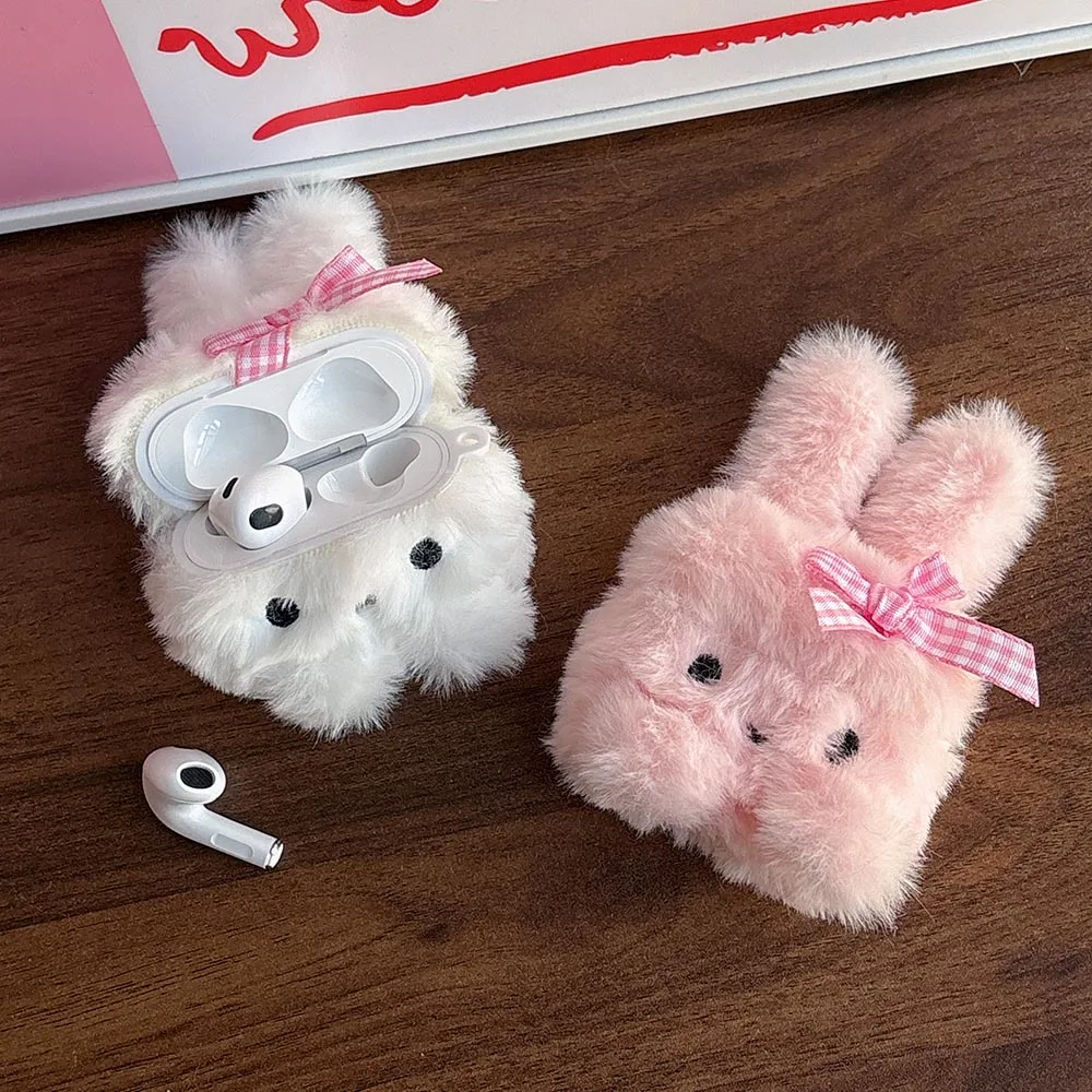 winter gift suitable for girls plush cute pink bow rabbit soft earphone protection case for airpods 1 2 3 4 pro 2 cover coque