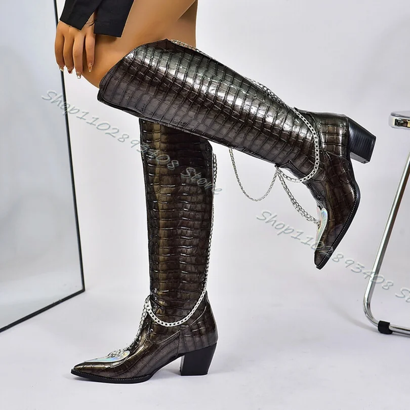 

Metal Heart Shape Chain Boots Women Spring Crocodile Print Chunky High Heels Pointed Toe Knight Boots 2023 Zapatos Para Mujere