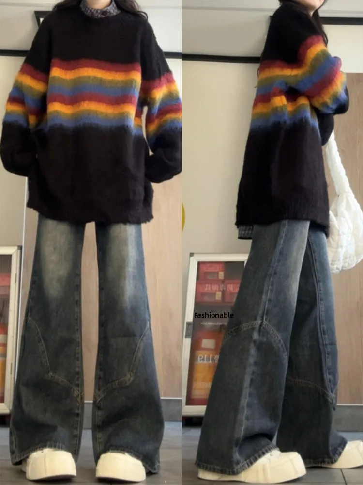 

Retro American High Street Blue Fce Lined Loose Wide Leg Jeans Women's Autumn Winter Thiened Bell Bot Straight Cut