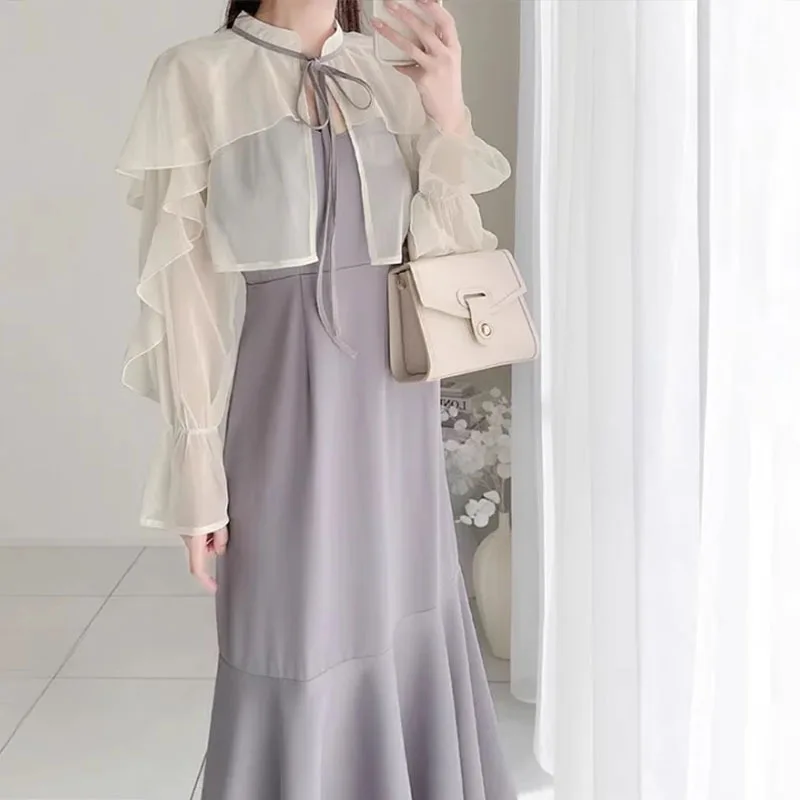 Shawl Design Feels Fresh Simple Elegant Vestidos 2025 Spring Japan Style Sweet Lace-up Bow Ribbon Fishtail Dresses Women