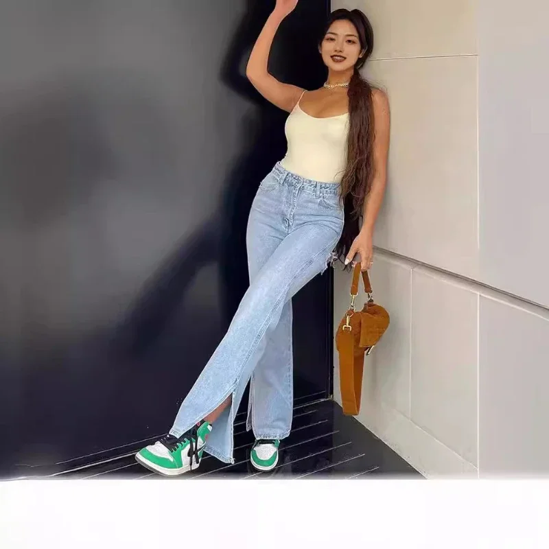 

Pop Autumn Retro Style Cotton Daily Versatile Women's High Waisted Straight Leg Split Denim Micro Pull Pant Fashion Denim Floor