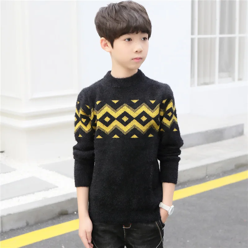 Boy Pullover Plush Thickend Warm Sweater New Autumn Winter Children\'s Knit Sweater O-Neck Stripe Full Sleeve Knitwear 3-14T