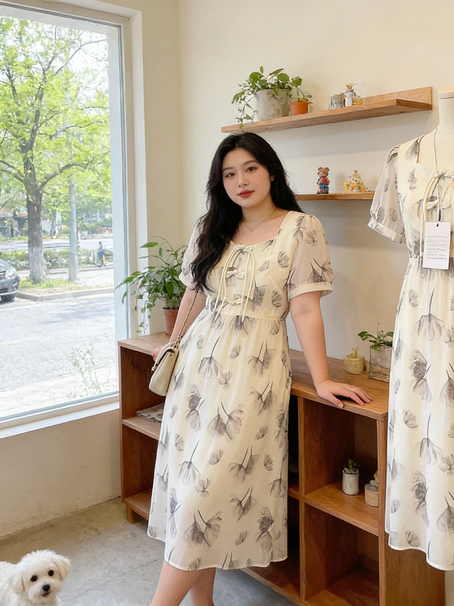 

Elegant High Waist Printed Dress Women's Fashion Summer 2026 A-Line Skirt Knot Button Detail Thinming Effect