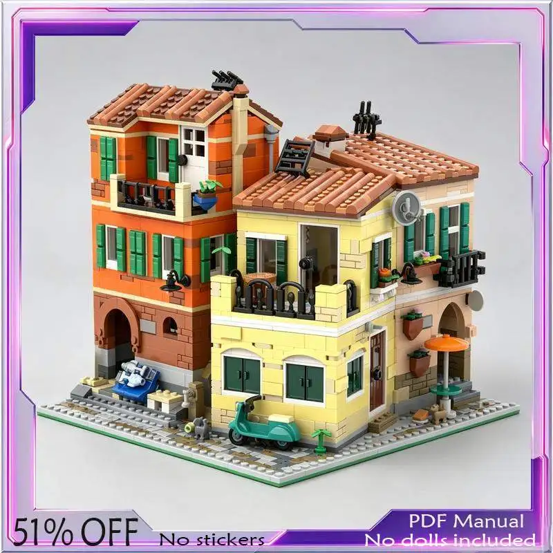 2911PCS MOC Italian Style Seaside Corner Modular House Building Blocks Model Custom Puzzle DIY Assembly Architecture Toy Gift