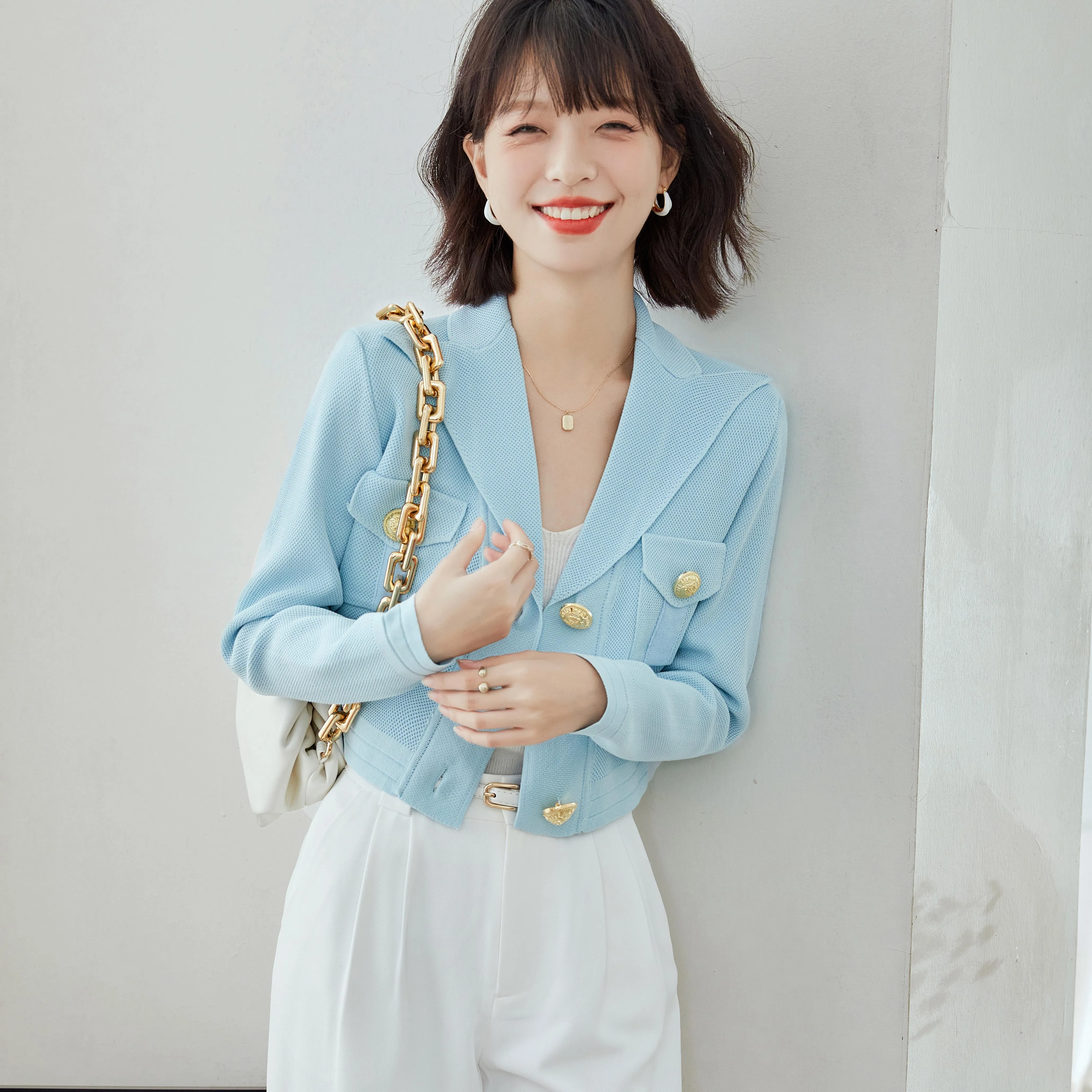 Women Sky Blue Knit Cardigan Coat Spring Autumn Elegant Slim Casual Single Breasted Button Short Knitwear Jacket Lady A1995