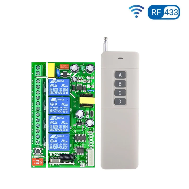 

universal 4CH 110v 120v 220v RF wireless remote control swutch lighting/fan/pump Learning code receiver smart home 433mhz