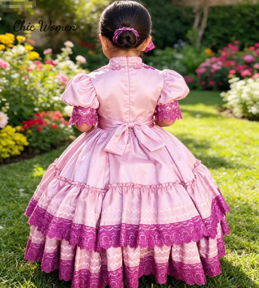 Traditional Mexican Embroidered Flower Girl Dress Puff Sleeve Lace Trim Tiered Satin Ball Gown Kids Brithday Dresses Escaramuza