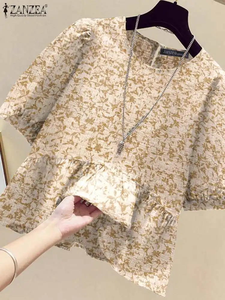 ZANZEA Women Elegant Floral Print Textured Blouses Korean Fashion Half Puff Sleeve Ruffled Hem Tops 2024 Summer Casual Shirts