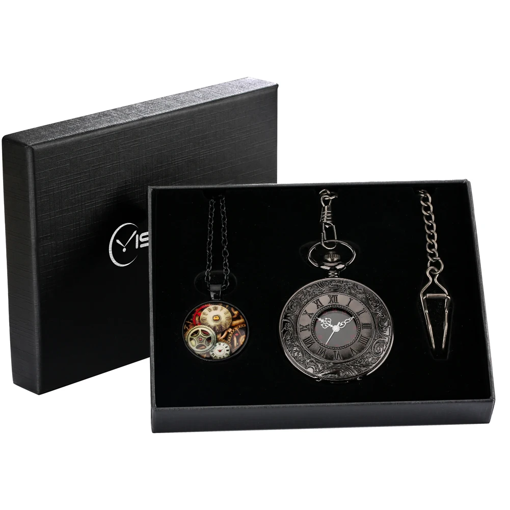 Men's Black Roman Numerals Carved Hollow Cover Quartz Pocket Watch Gift Set Retro Steampunk Pendant Watches Chain Pocket Clock