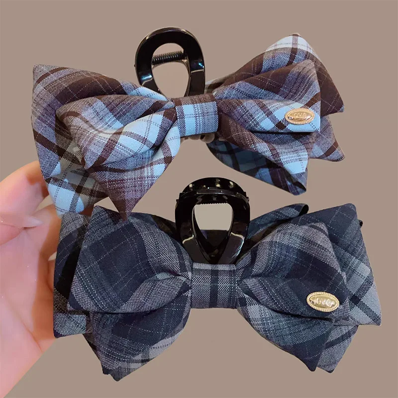 韓国風スクールチェック柄リボンヘアクリップ レディース エレガントアップスタイル シャーククリップ ヘアアクセサリー
