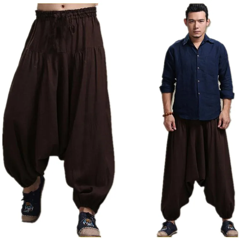 

Men' cotton linen Cross-pants crotch pants,wide leg pants dancing Harem pants pantskirt bloomers Harem trousers, -