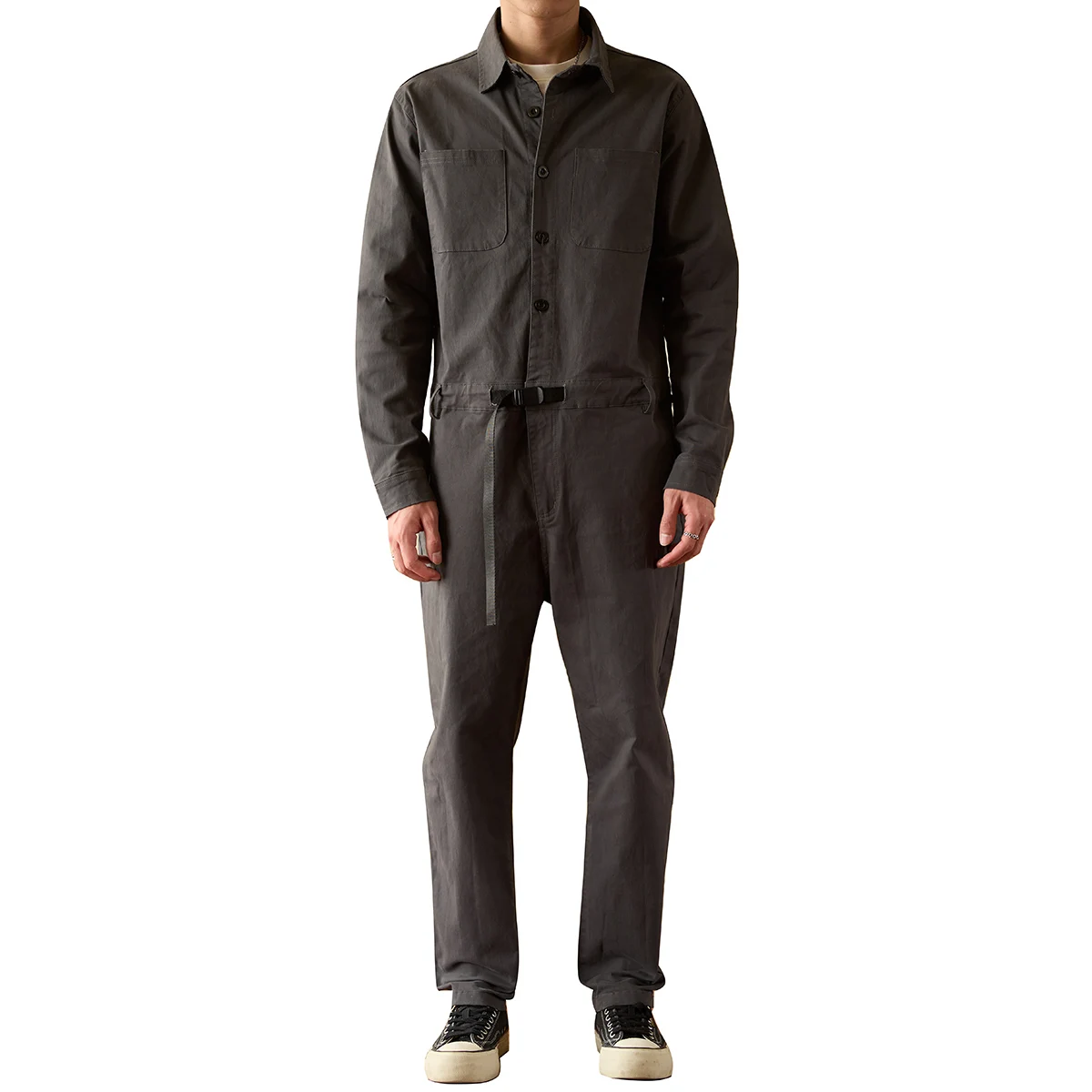 Men's Gray Casual Jumpsuits Long Sleeve Lapel Collar Adjustable Waist Overalls with Pockets Workwear Coveralls