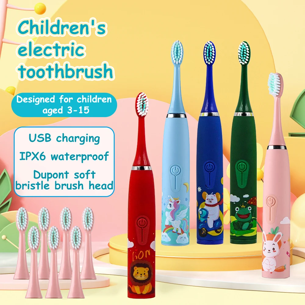

Children Electric Toothbrush With Replace Brush Heads Kids Cartoon Toothbrush Ultrasonic Sonic Electric Toothbrush With 6 Head