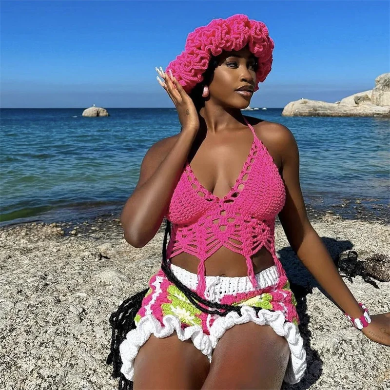 2 pieces Woman Bikini Set Crochet smock Top Sexy Thong Bottom See-Through Hollow Out Bandage High Waist Short Beach Skirt