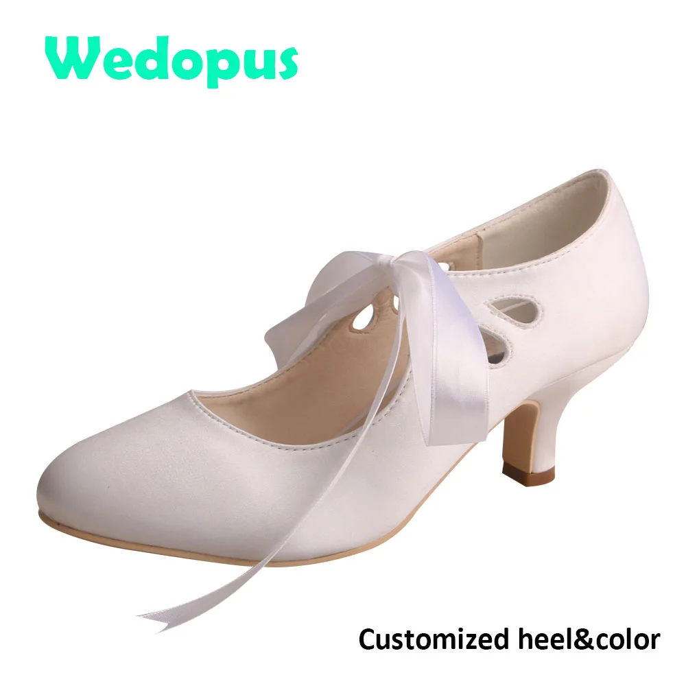 Wedopus Customized Closed Toe Mary Jane Lolita Shoes Marfil Satin Wedding Shoes Bride Kitten Heel Ribbon Tie Pumps