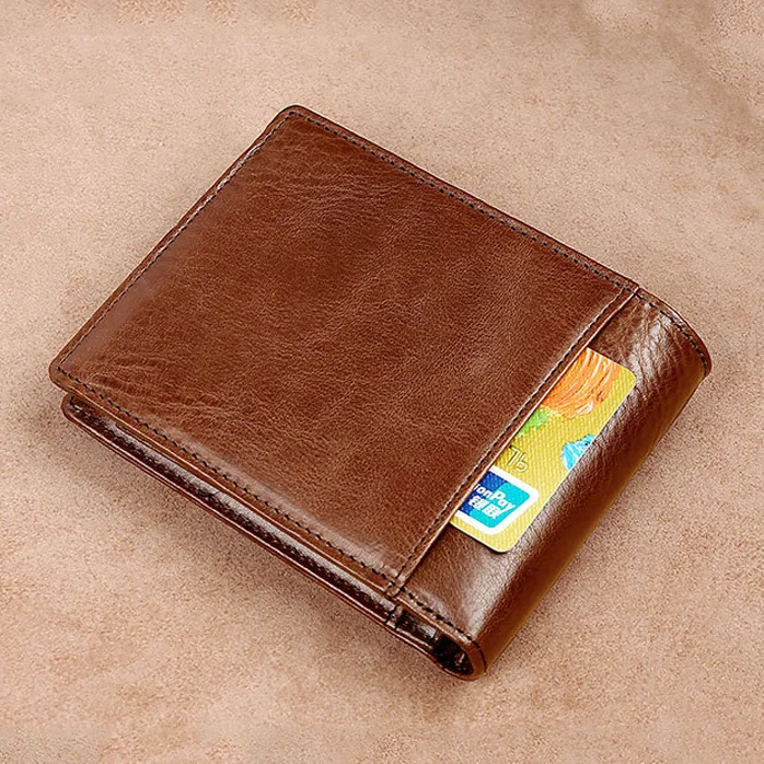 Vintage Genuine Leather Wallet Men RFID Blocking Top Layer Cowhide Bifold Short Purse Multi-Card Slot Coin Pocket