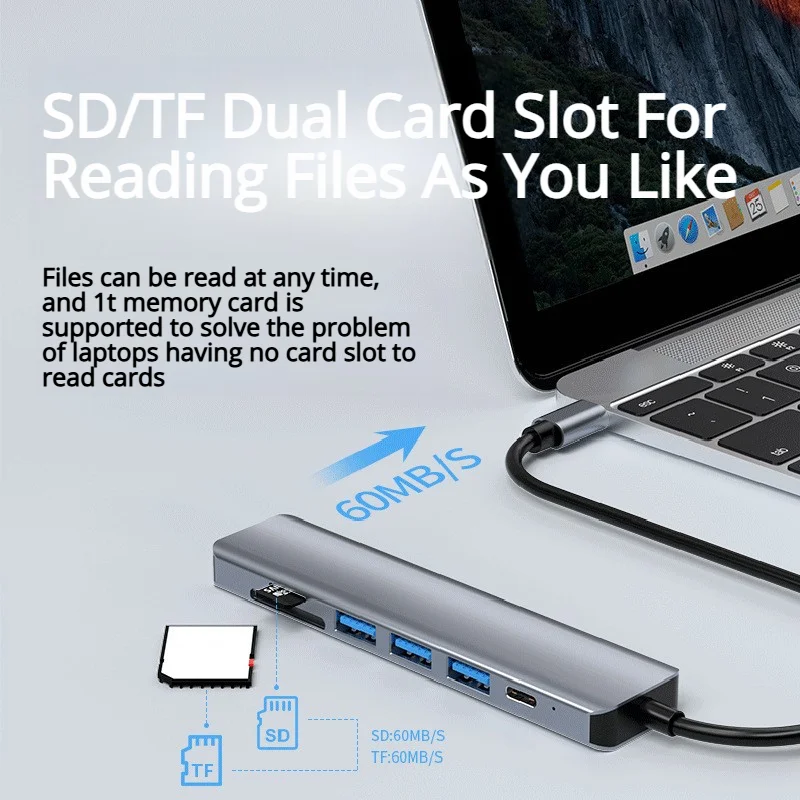 

USB-C хаб 8-в-1 с поддержкой 4K HDMI, быстрой зарядкой PD и кардридером — многофункциональный адаптер для различных компьютеров