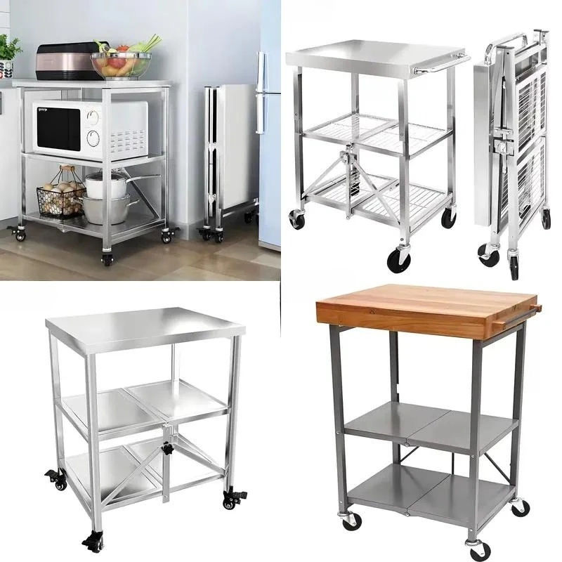 Folding Modern Stainless Steel Storage Table with Brake Wheels 2 Shelves Stackable Durable Kitchen Island Cart