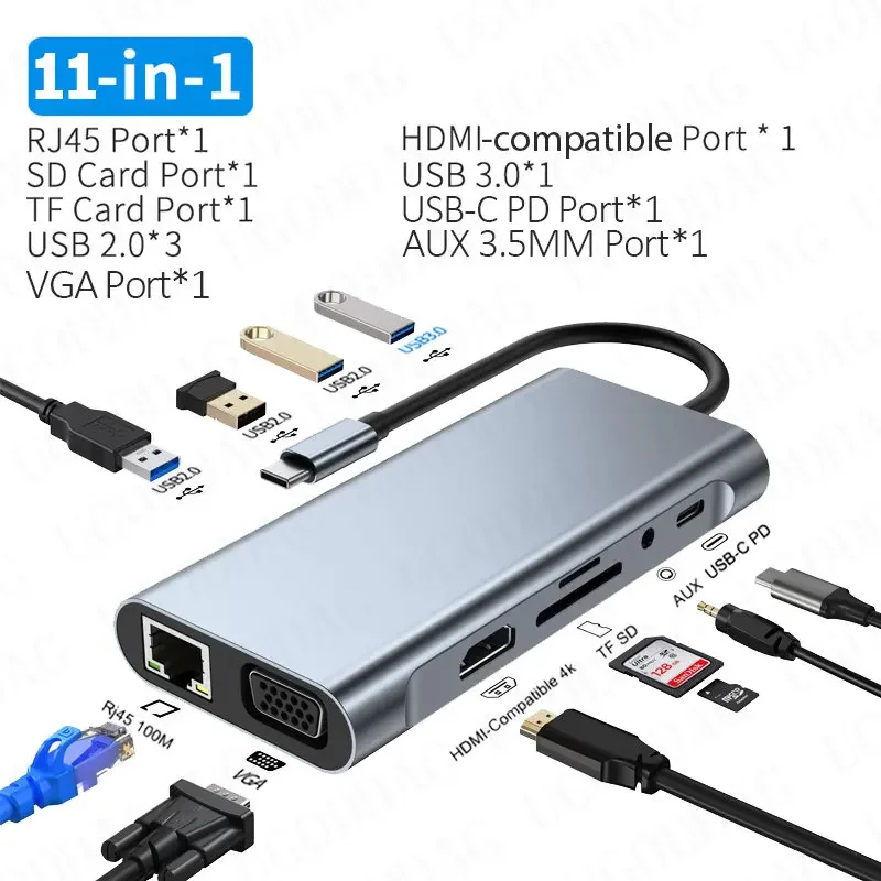 USB C Hub Type C To HDMI-Compatible RJ45 11 Ports Dock with PD TF SD AUX Usb Hub 3 0 Splitter for MacBook Air Pro PC HUB