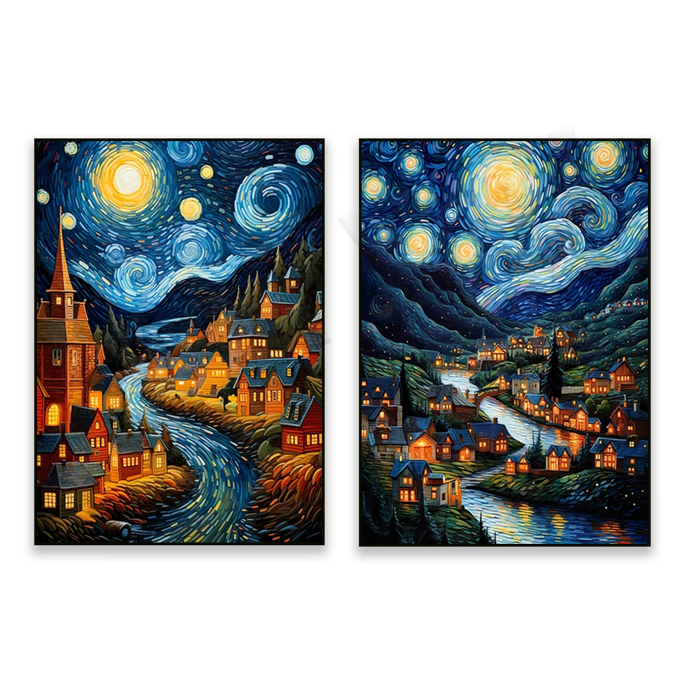 Starry night van Gogh art, village at night, city, night lights, moon and stars art, starry night in country bedroom decor poste