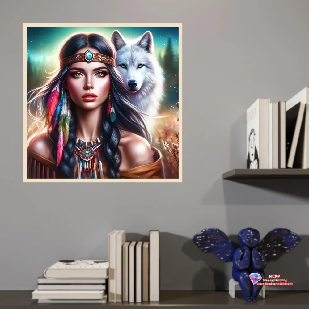 Native American Woman with White Wolf 5D DIY Diamond Painting Set with Square and Round Diamonds Handmade Crafts Home Decor Gift