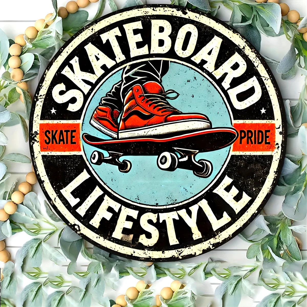 2D Flat, 1pc Vintage Skateboard Lifestyle Metal Wall Sign - 20cm Round Metal Retro Skate Decor with Red Sneakers & Skateboard