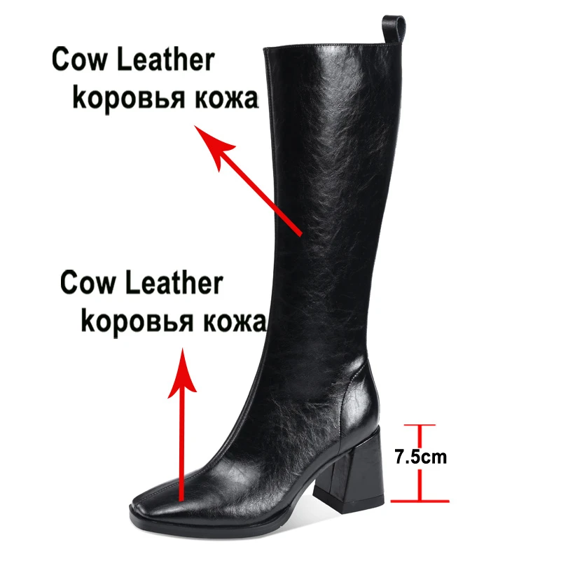 Meotina Women Genuine Leather Knee High Boots Square Toe Thick High Heel Zipper Lady Fashion Long Boot Autumn Winter Shoes Beige