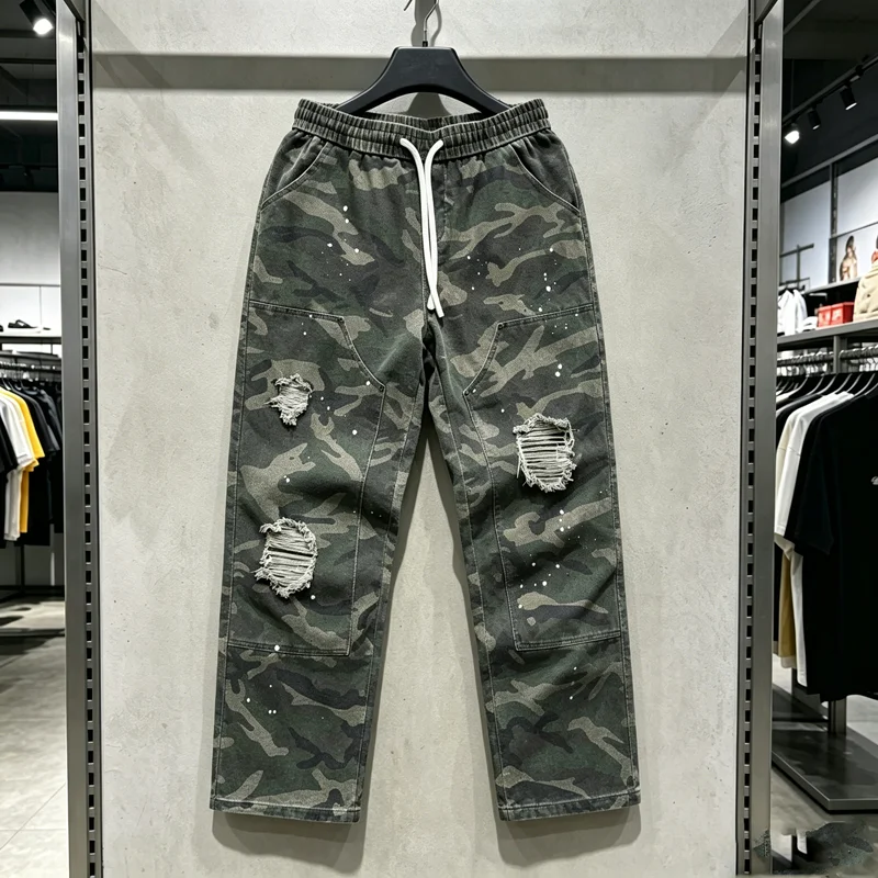 

Camouflage Green SAINT Hole Damage Logging Cargo Pants Men Women Washed Heavyweight High Quality Drawstring Loose Paint Trousers