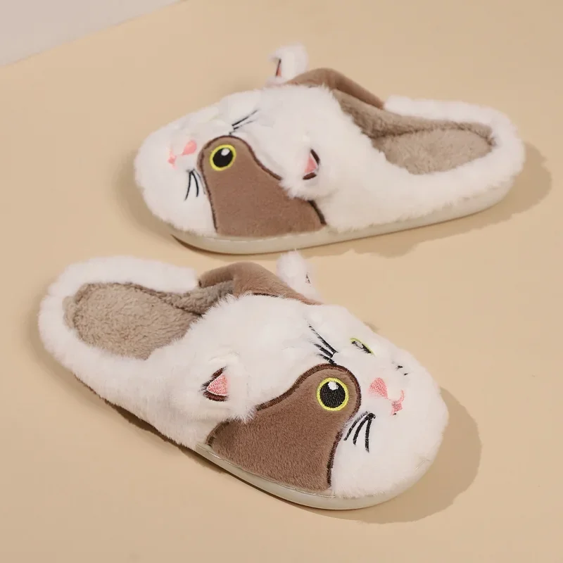 Women Winter Cartoon Cat Warm Plush Slippers Couple New Indoor Non-slip House Men Warm Thick Sole Home Cotton Fluffy Slippers