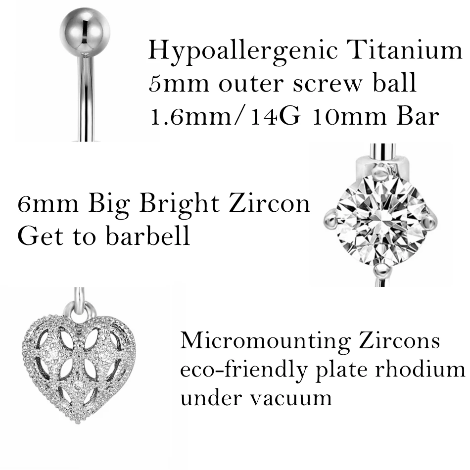Posrebrzane kolczyki do pępka Hollow serce do pępka kolczyk do piercingu 14G 10mm Titanium brzana biżuteria do ciała kobiety lato klejnoty