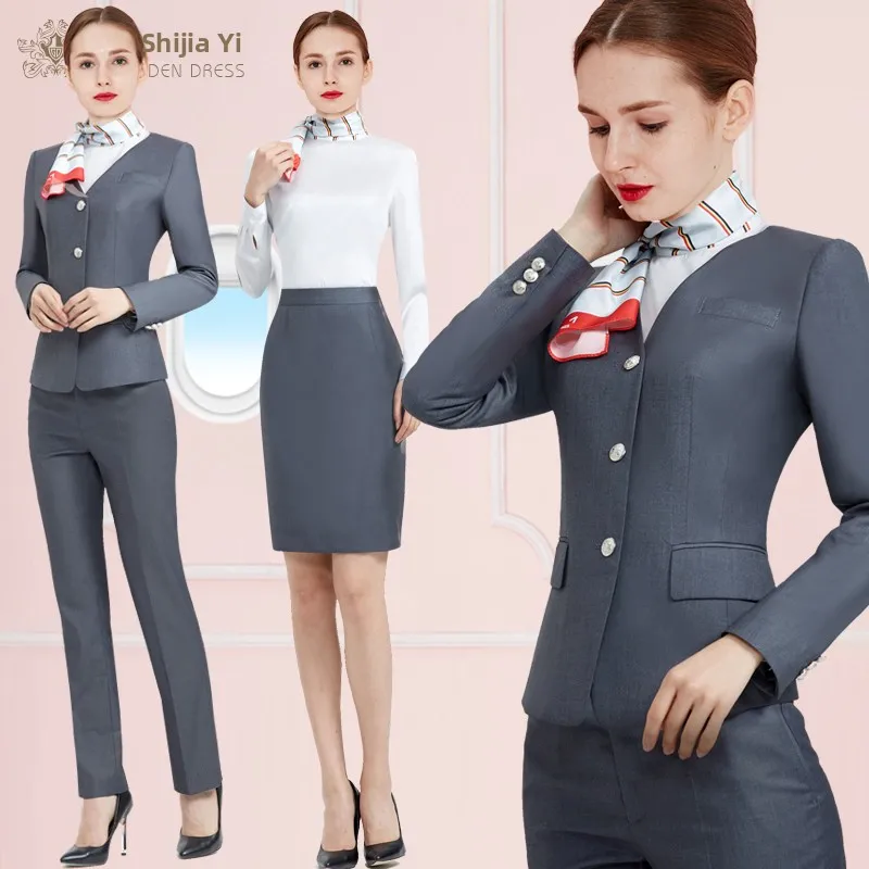 

Professional Air Stewardess Work Uniform Set Spring Summer Hotel Reception Bank Beauty Salon Front Desk Welcome Guest Service