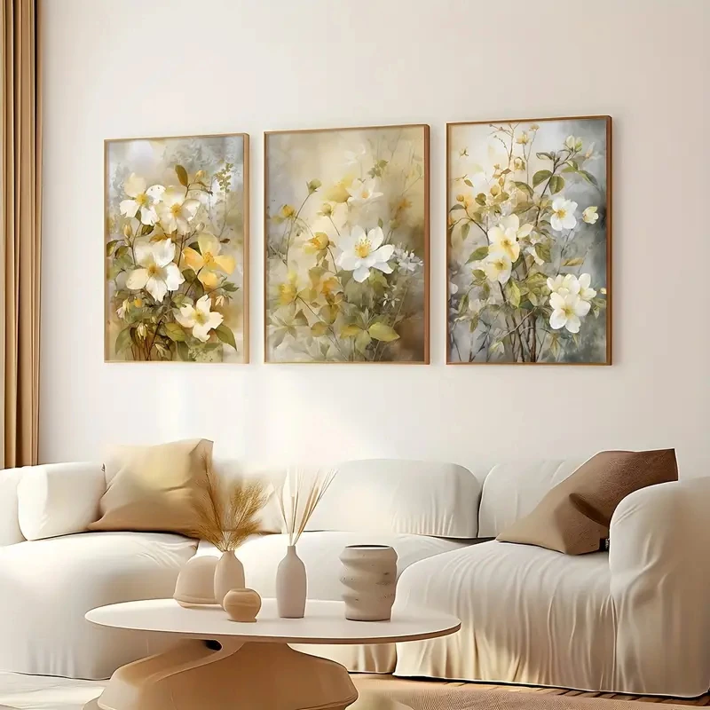 3PCS Frameless,3pcs/set Retro Floral Watercolor Plant Gallery Wall Art Canvas Printed Matter Country Poster Bedroom Living Room