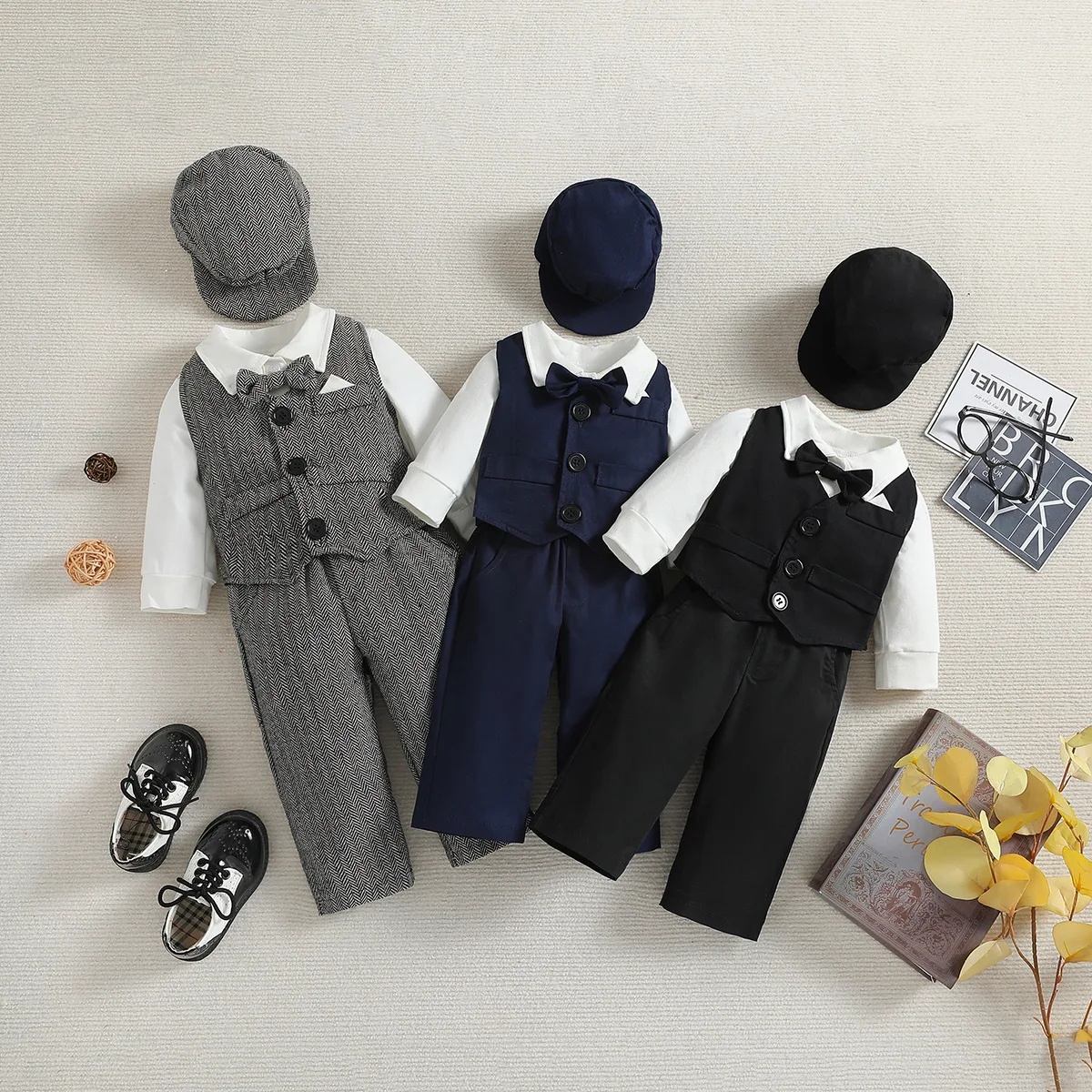 

Infant and toddler jumpsuit with strap set anniversary costume gentleman for boys kid solid spring autumn boutique clothing