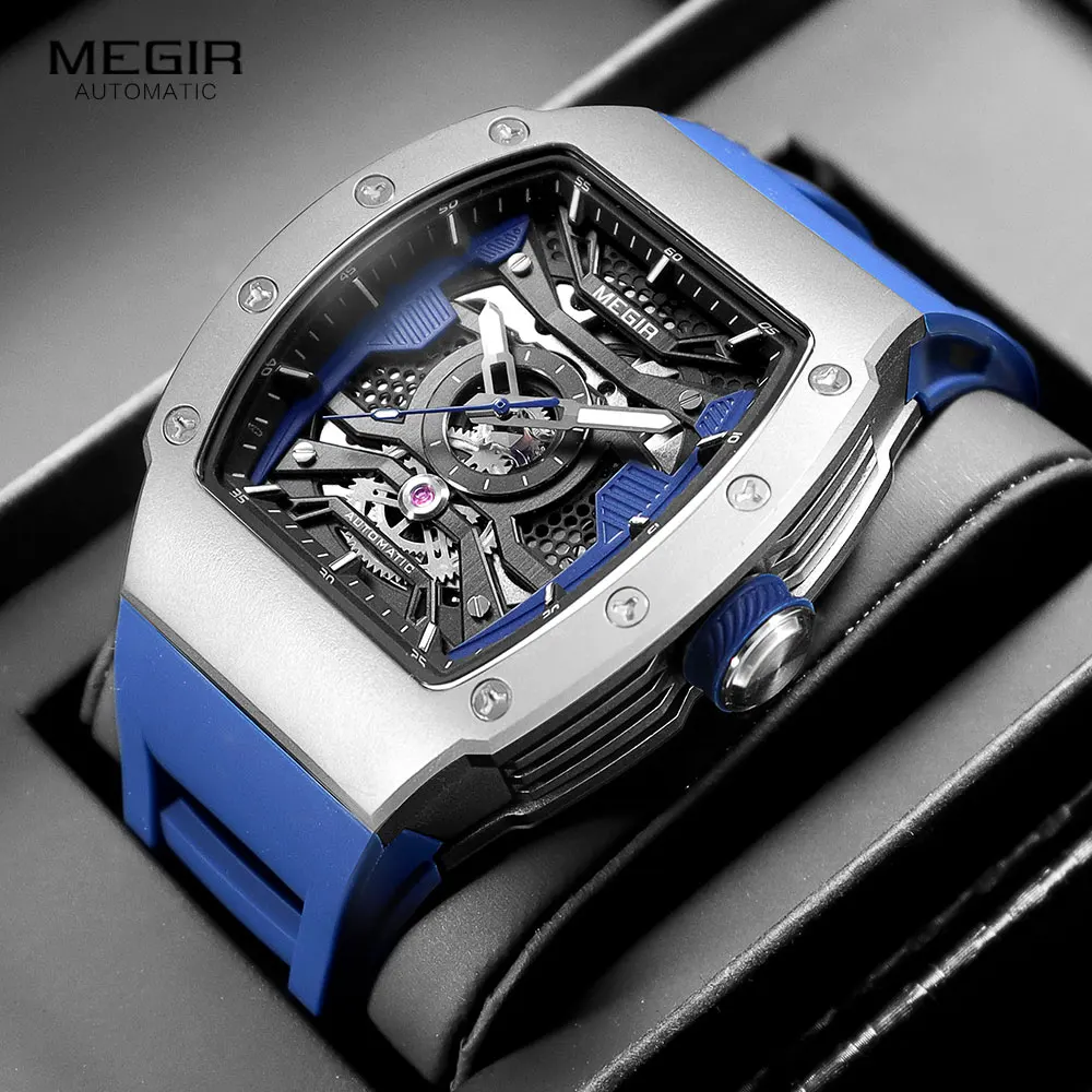 MEGIR Automatic Mechanical Watch for Men Fashion Sport Wristwatch with Stainless Steel Case Silicone Strap Luminous Hands 8604