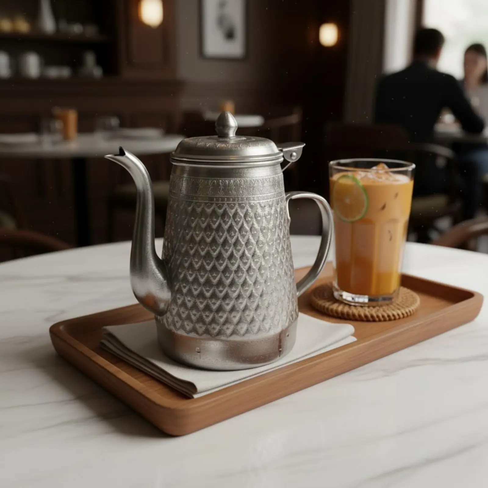 

Thai Design Beverage Jug Engraved Pattern Iced Drink Pot Silver Drink Pitcher Handmade Drinkware Easy to Pour for Restaurants