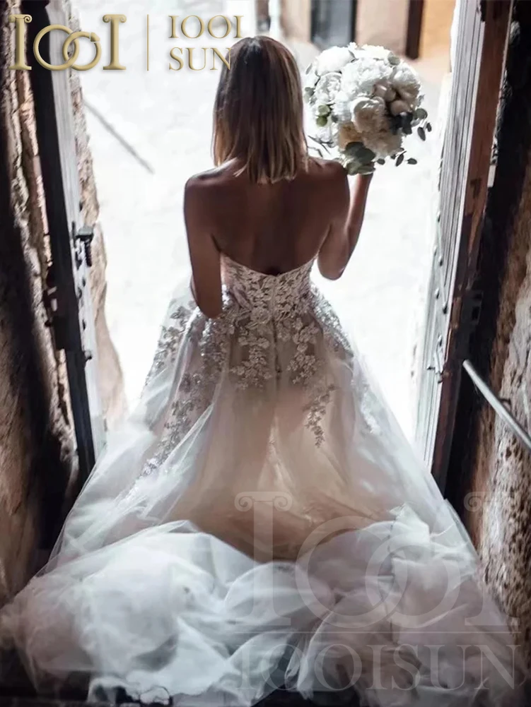 IOOISUN Boho Breathtaking Strapless Wedding Dress Featuring Stunning Lace Appliques and Flowy A-Line Bridal Dress Customized