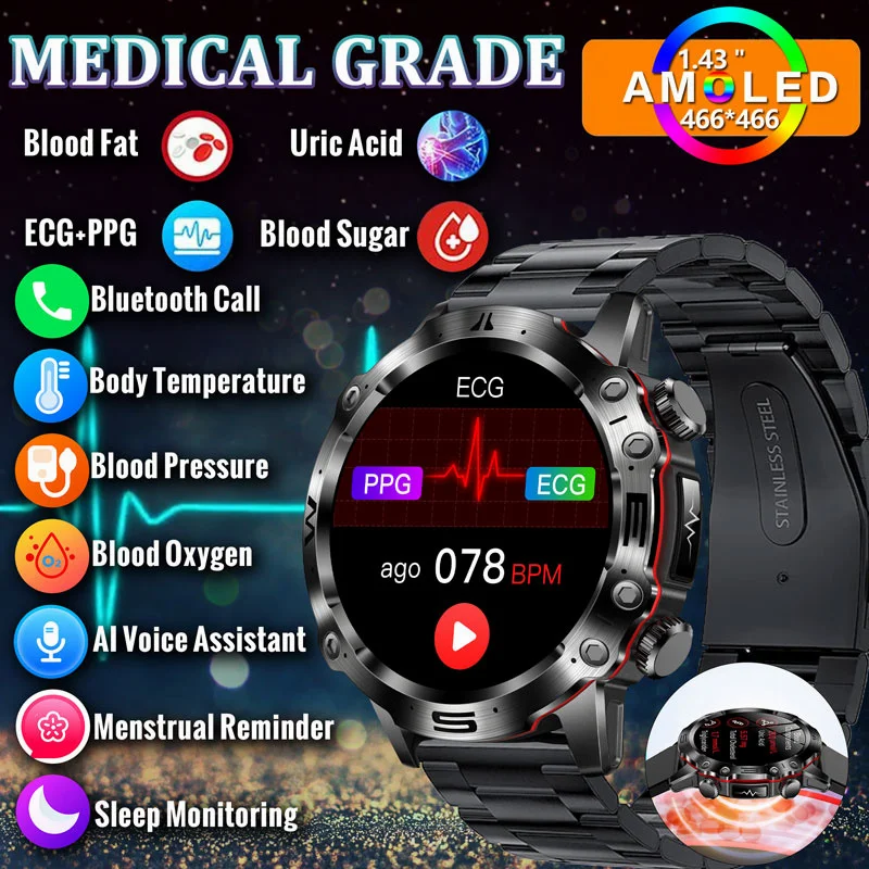 2024 neue Smartwatch für Männer EKG Blutzucker Uhren Harnsäure Uhr Sport Fitness Tracker Bluetooth Anruf Gesundheit Smartwatch