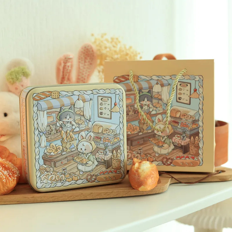 Christmas Rabbit Square Cookies Tin Case With Lid Metal Candy Dessert Gift Box Home Empty Organizer Coffee Sugar Tea Container