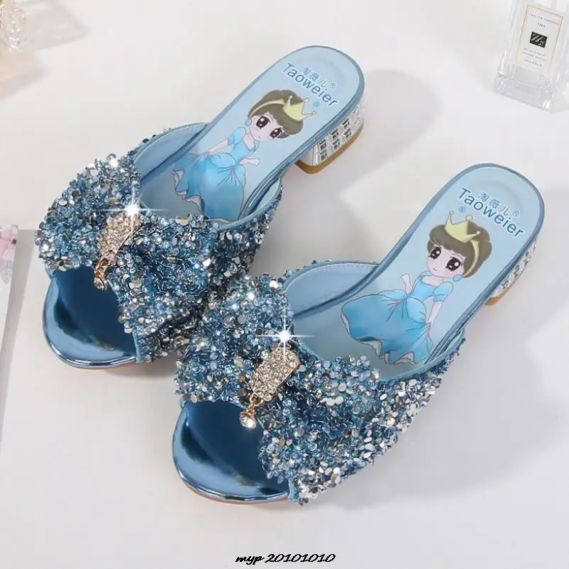 Disney Girls Sandals Cosplay Slipper Sequined Princesse Children High Heel Party Dress Shoes Leather Slipper For Kids Slides