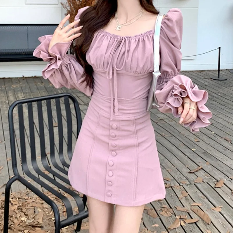 Lace-up Dress Sets for Women Long Sleeve Korean Style Chic Single Breasted Elegant Vintage All-match Daily New Spring Fashion