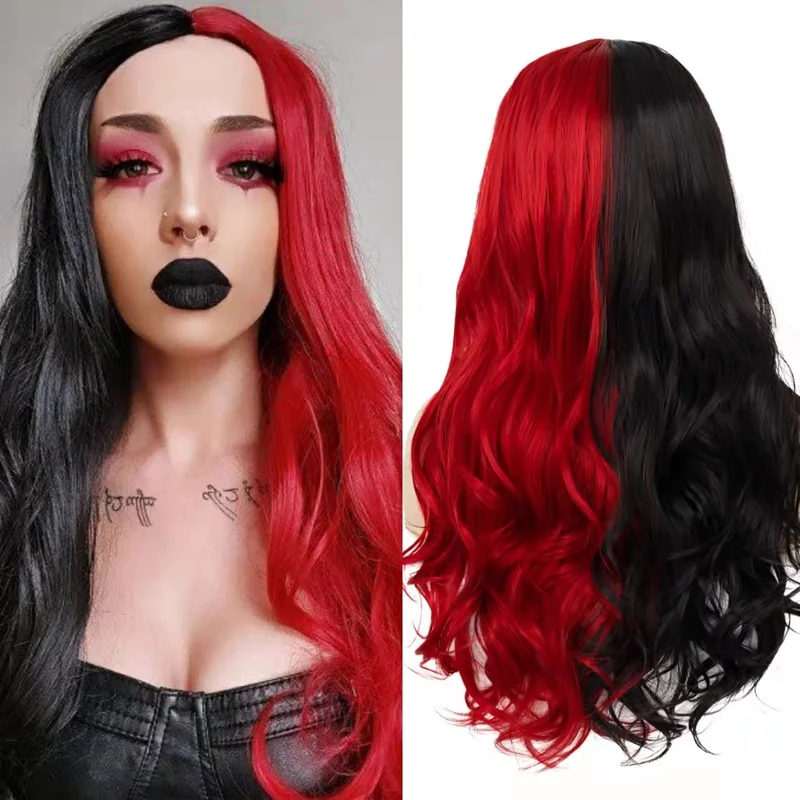 Half Black Half Red Wig Long Curly Wavy Middle Part Synthetic Heat Resistant ...