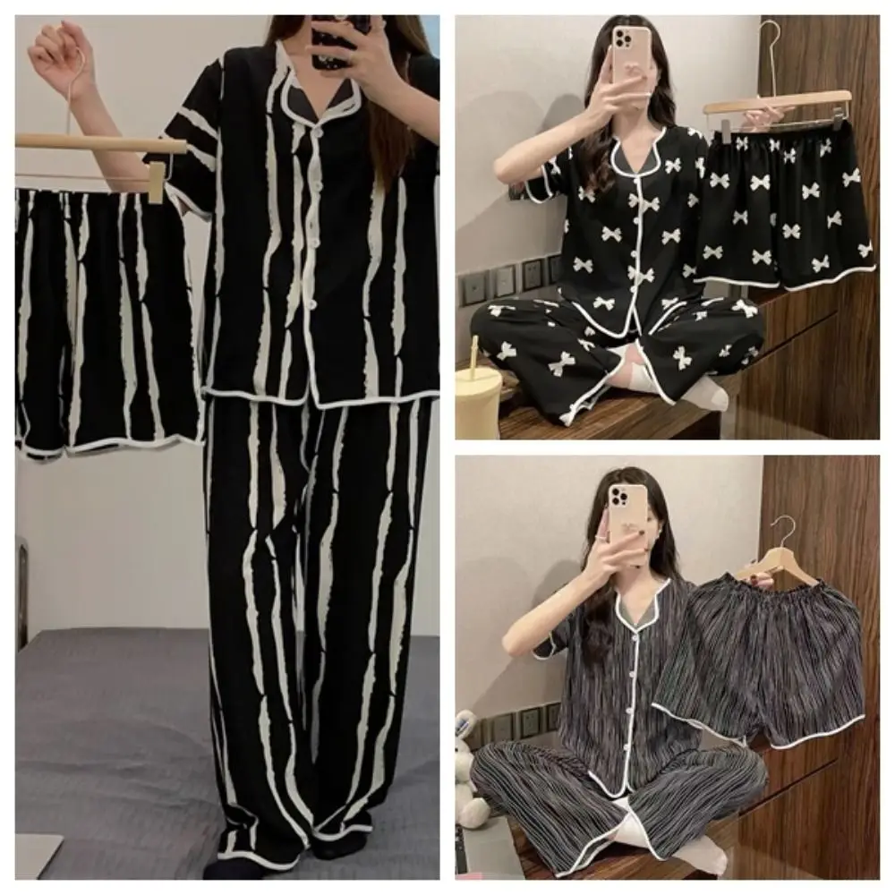 Fashion Stripe Bowknot Pajamas Suit Short Sleeve Ice Silk Women Sleepwear Set Homewear Lapel Collar Three Pieces Nightwear Home
