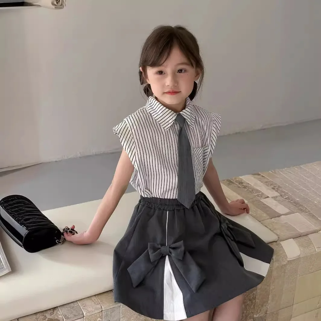 Childrens Sets Summer Girls Academic Style Stripe Shirt Bow Knot Pleated Skirt Two Piece 2024 Girls Turn Down Collar